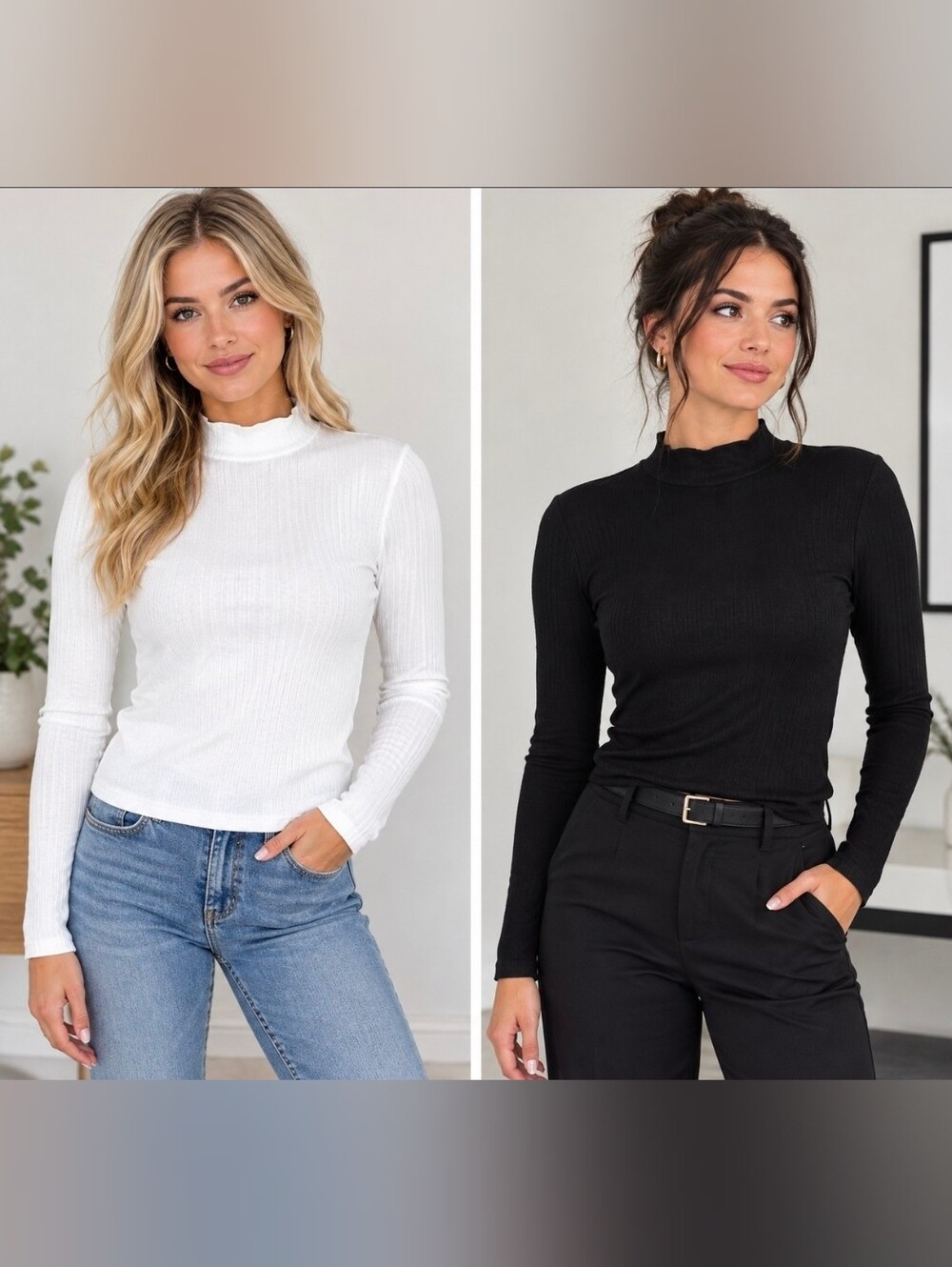 2pc Set Bundle Ribbed Mock Neck Long Sleeve Tops Black White Shirt Size M Medium